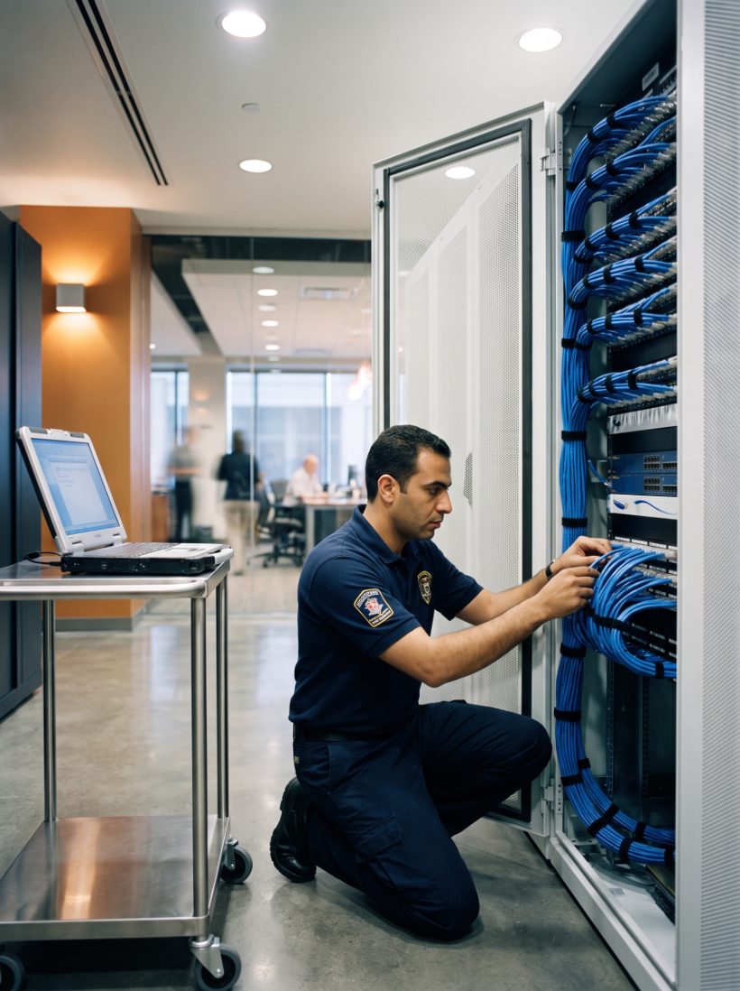 A Dr.Vista engineer wiring an enterprise rack